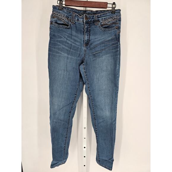 Code Blue Women's Mid Rise Skinny Rhinestone Pocket Button Closer Jeans Size 10 - Picture 1 of 6